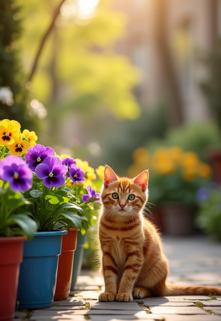 7 Stunning Floral Arrangements Featuring Cats and Pansy Flowers (A Must-See for Flower Lovers!) - 4. Cats in Pansy Planters