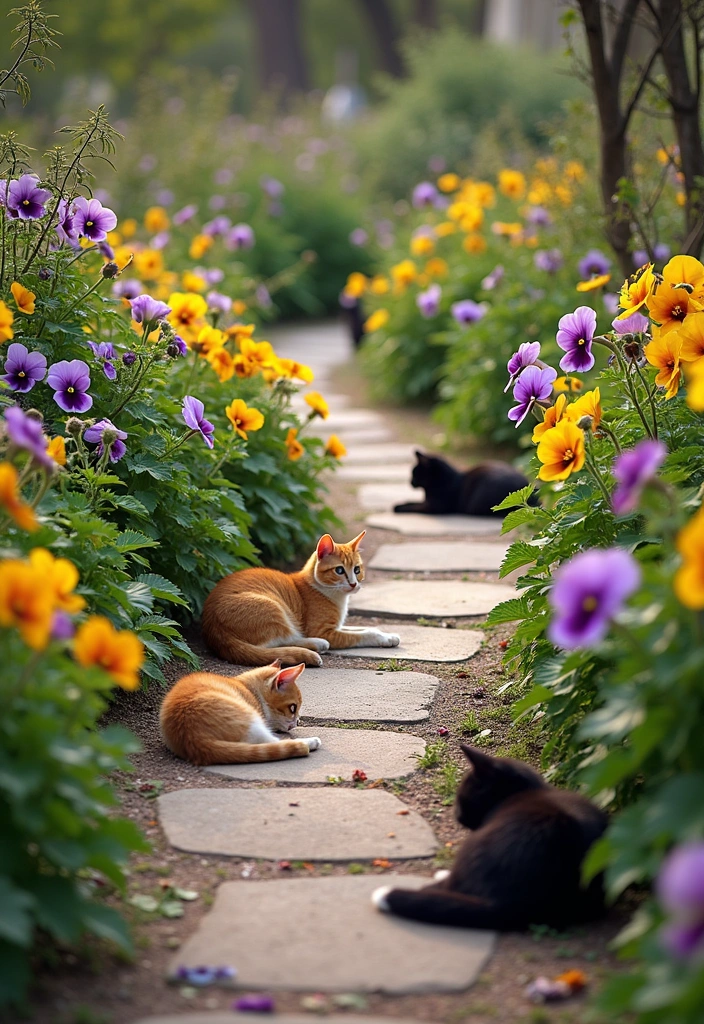 7 Stunning Floral Arrangements Featuring Cats and Pansy Flowers (A Must-See for Flower Lovers!) - 6. Garden Cats and Pansy Pathways