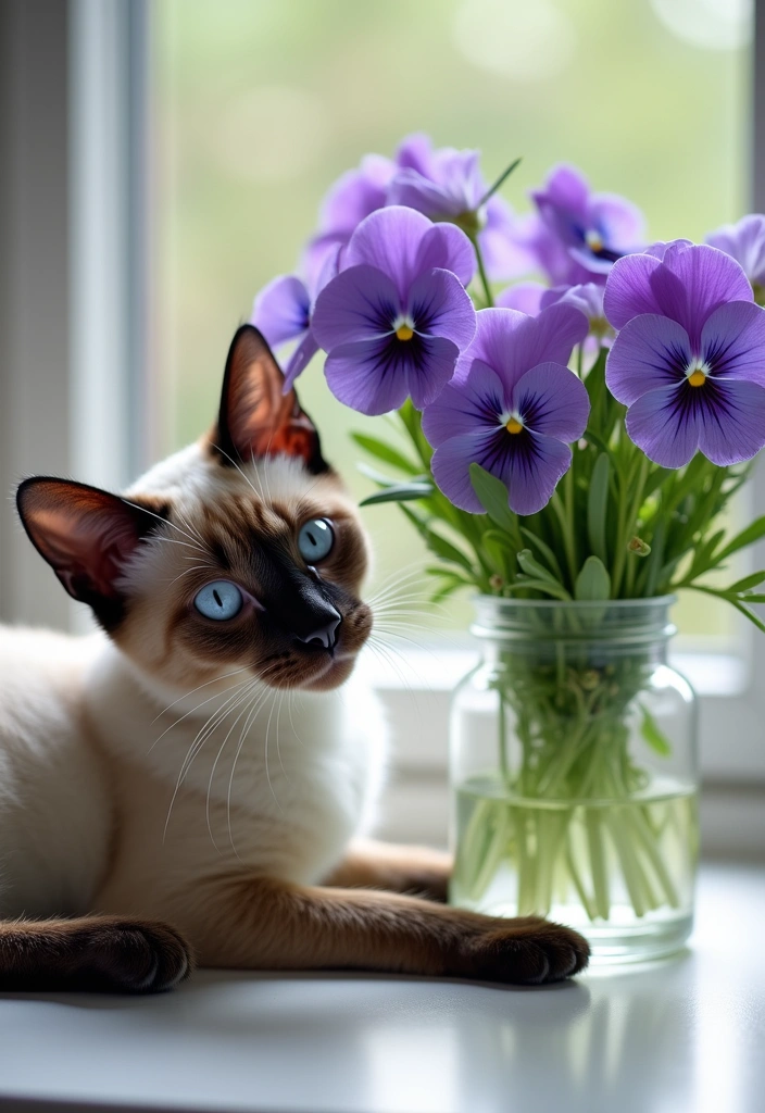 7 Stunning Floral Arrangements Featuring Cats and Pansy Flowers (A Must-See for Flower Lovers!) - 2. Serene Cat and Pansy Still Life