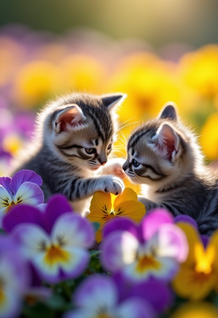 7 Stunning Floral Arrangements Featuring Cats and Pansy Flowers (A Must-See for Flower Lovers!) - 1. Playful Kittens Among Pansies